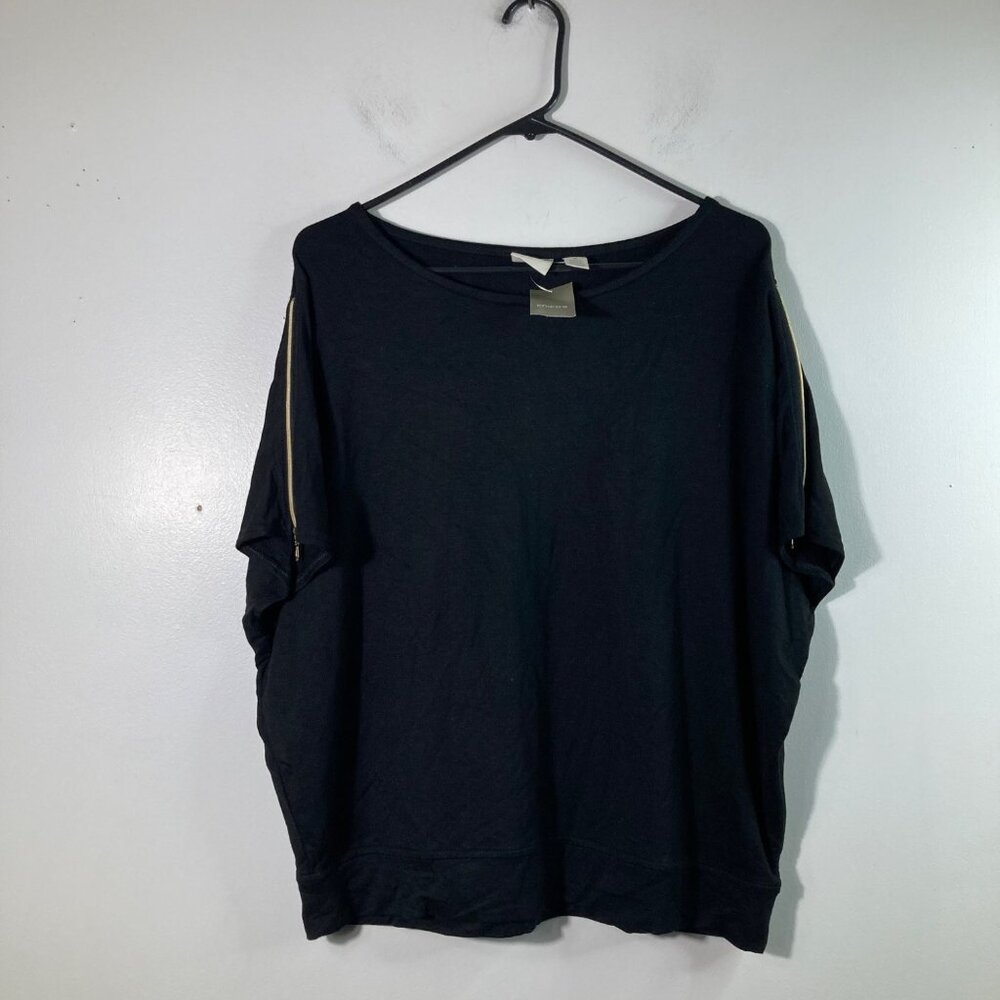Womens Zenergy Chicos Joan Solid Zip Top‎ Short Sleeve Black L NWT